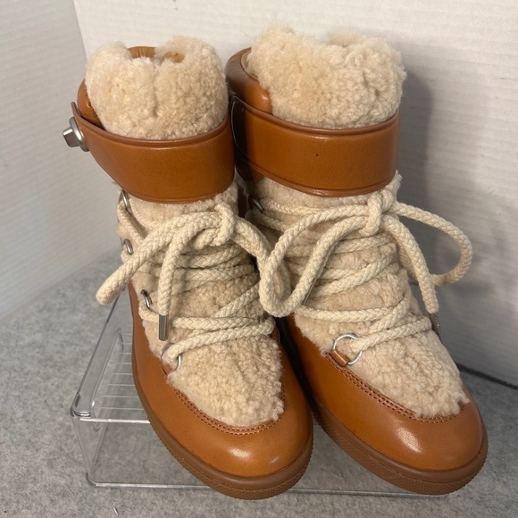 NEW COACH Women’s Monroe Shearling Boots Sz 7.5B Brown Lace & Strap Closure - Picture 1 of 10